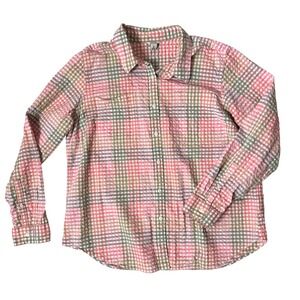 L.L.Bean Women's XL Pink Green Gingham Seersucker Button Down Shirt 100% Cotton